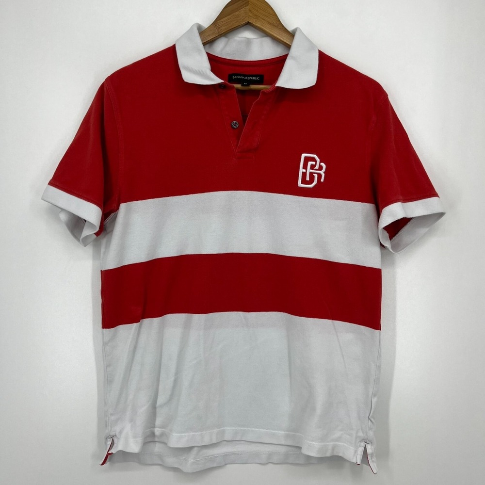 Banana Republic Polo Shirt‎ Men's M Red BR Embroidered Logo Striped